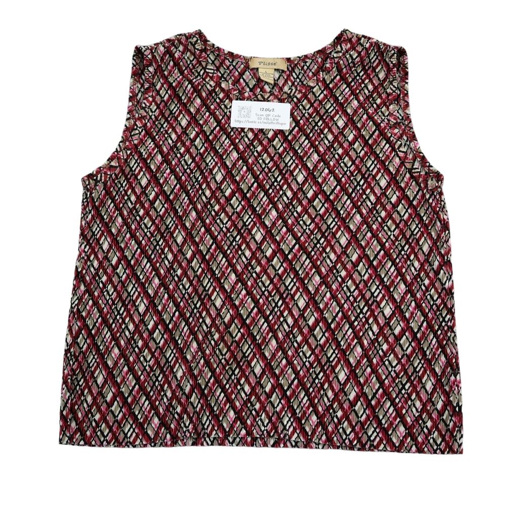 Plisse Shirt Womens L Red Diamon Geo Pattern Sleevless Polyester Casual Top